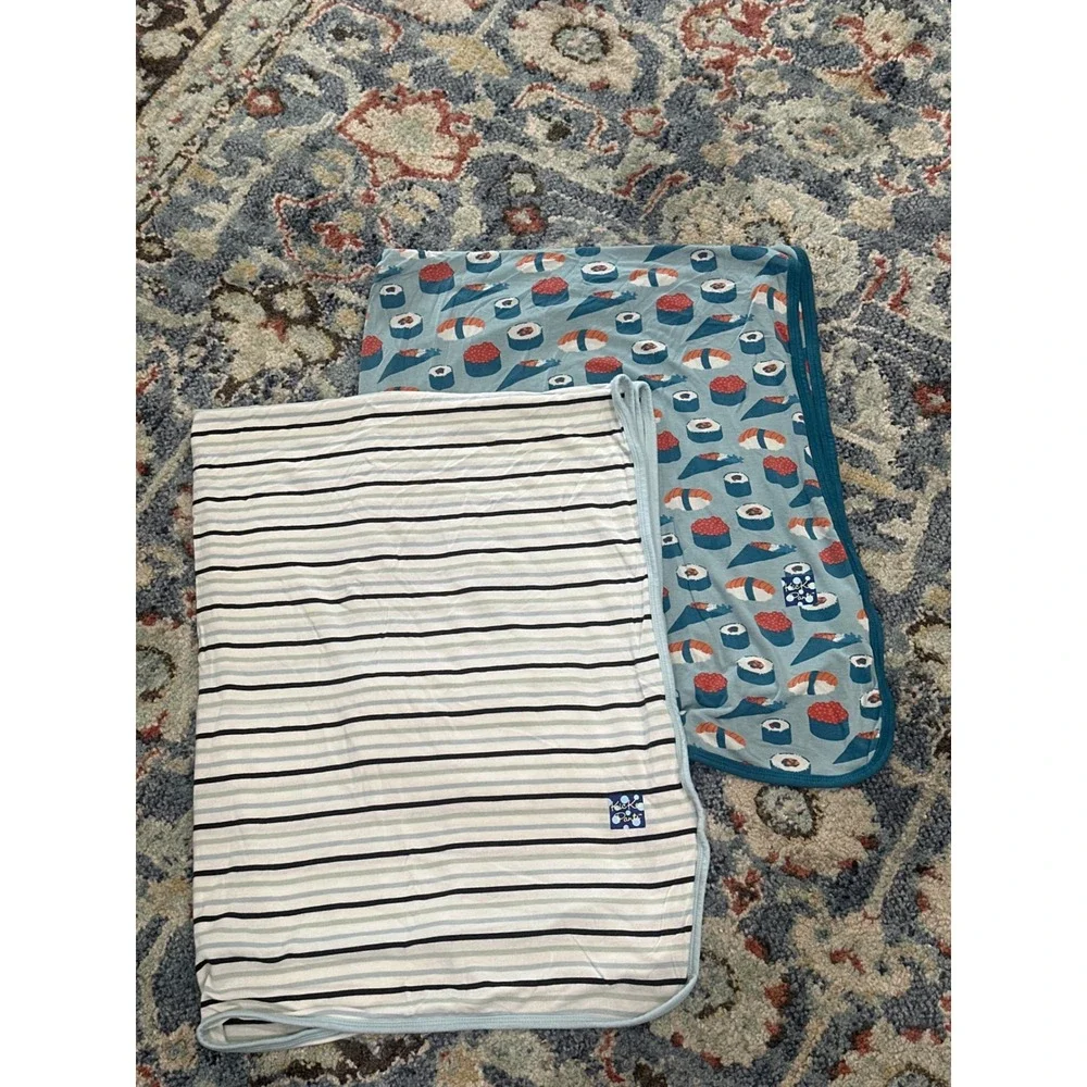 Kickee Pants Swaddle Blankets Bundle Boys Blue Striped Bamboo Stripe Sushi